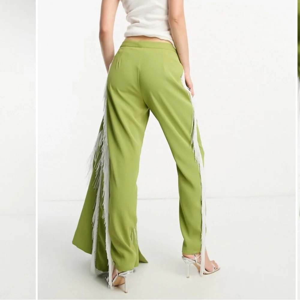 Extro & Vert premium Green straight leg trousers with Fringe Detail - Picture 4 of 4